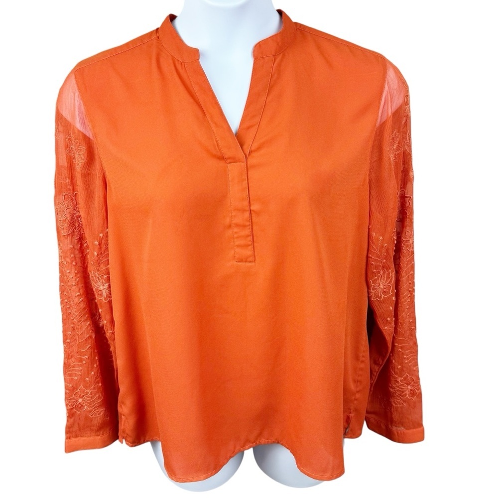 Chico's Fall Orange Sheer Lace Embroidered Sleeves Pullover Blouse Size 2, M, 12